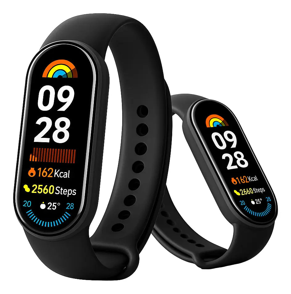 Smartband preta com display colorido mostrando hora, calorias e passos